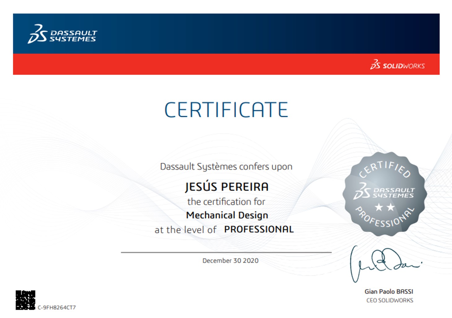 Certificade for the CSWP, SolidWorks Professional