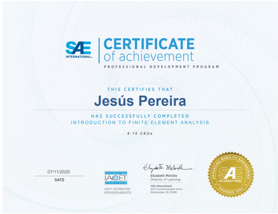 Certificade of completion for the SAE introduction to FEM