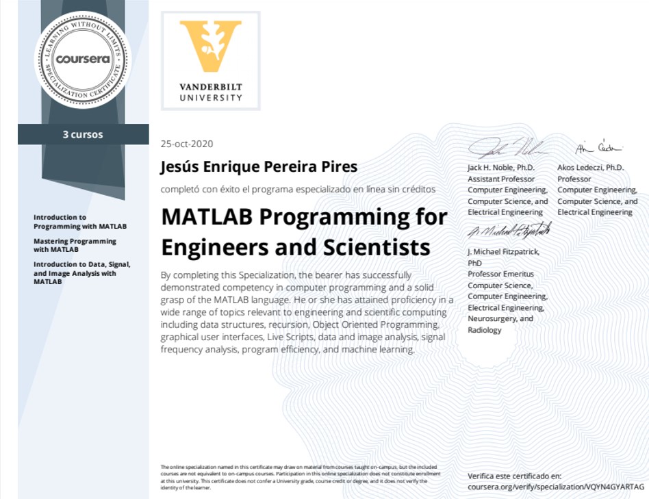 Certificade of completion of the MATLAB Specialization