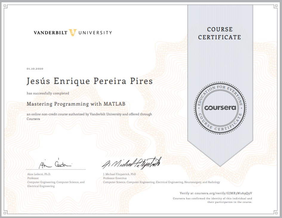 Certificade of completion of the advance course on MATLAB programming