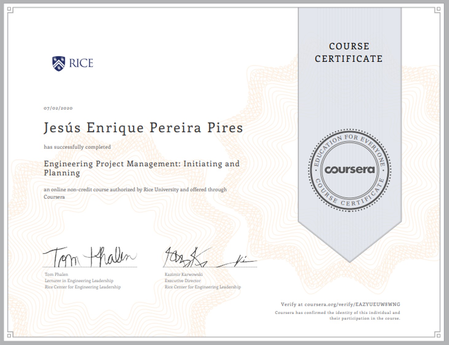 Certificade of completion for the first of three PM courses