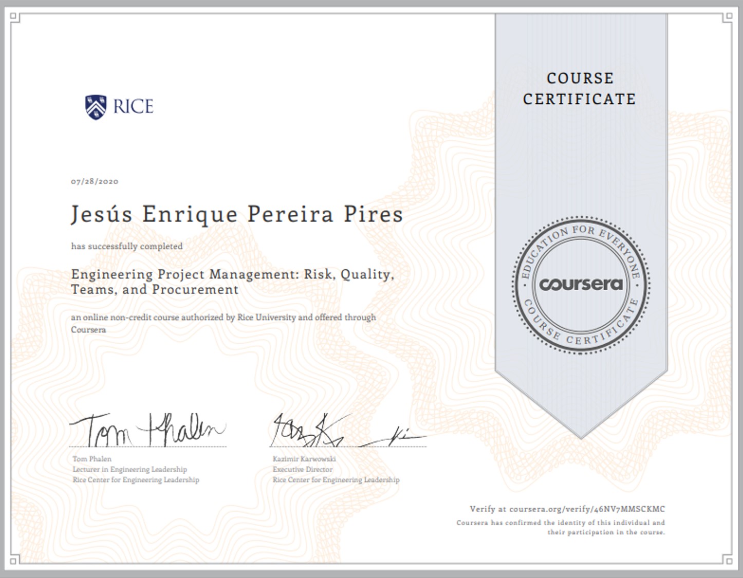 Certificade of completion for the third of three PM courses