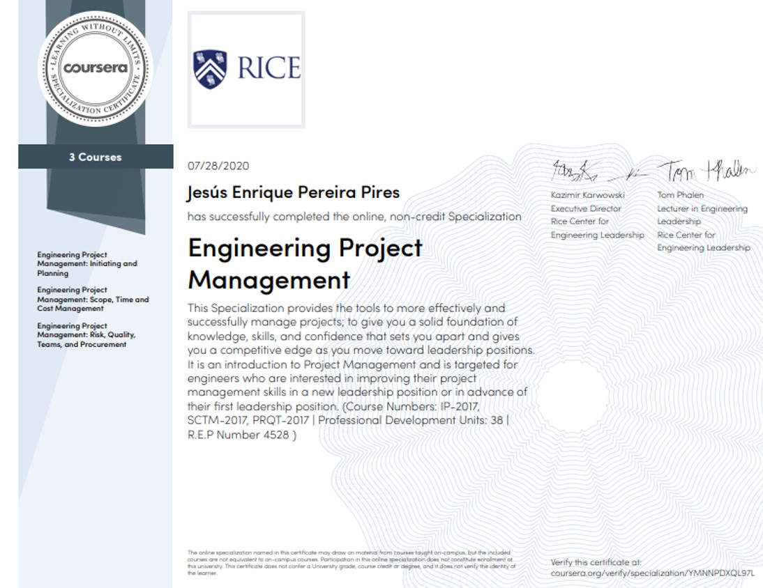Certificade of completion for PM Specialization