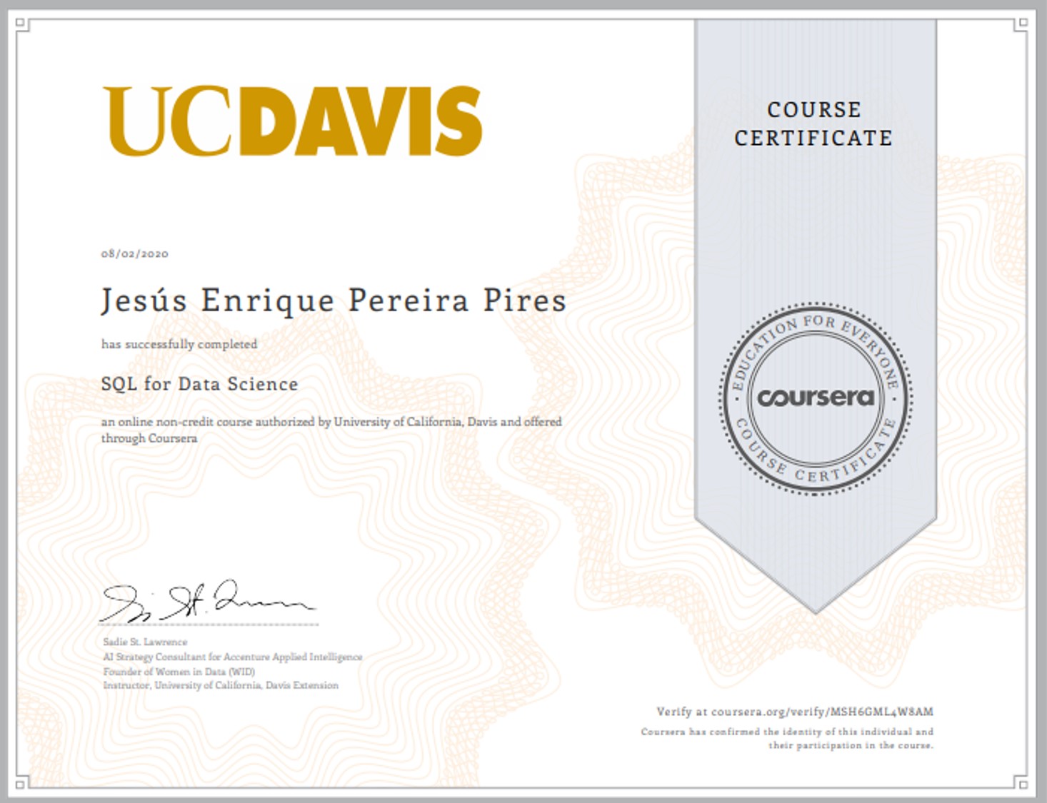 Certificade of completion for the SQL course