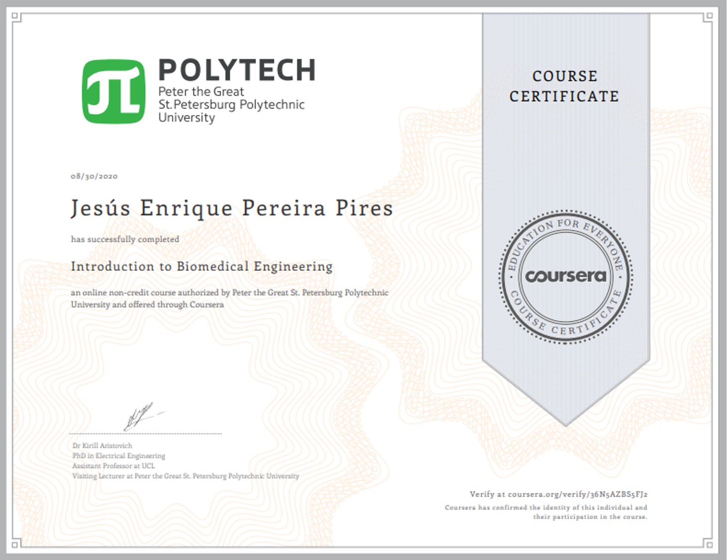 Certificade of the course Intro to Biomedical Engineering