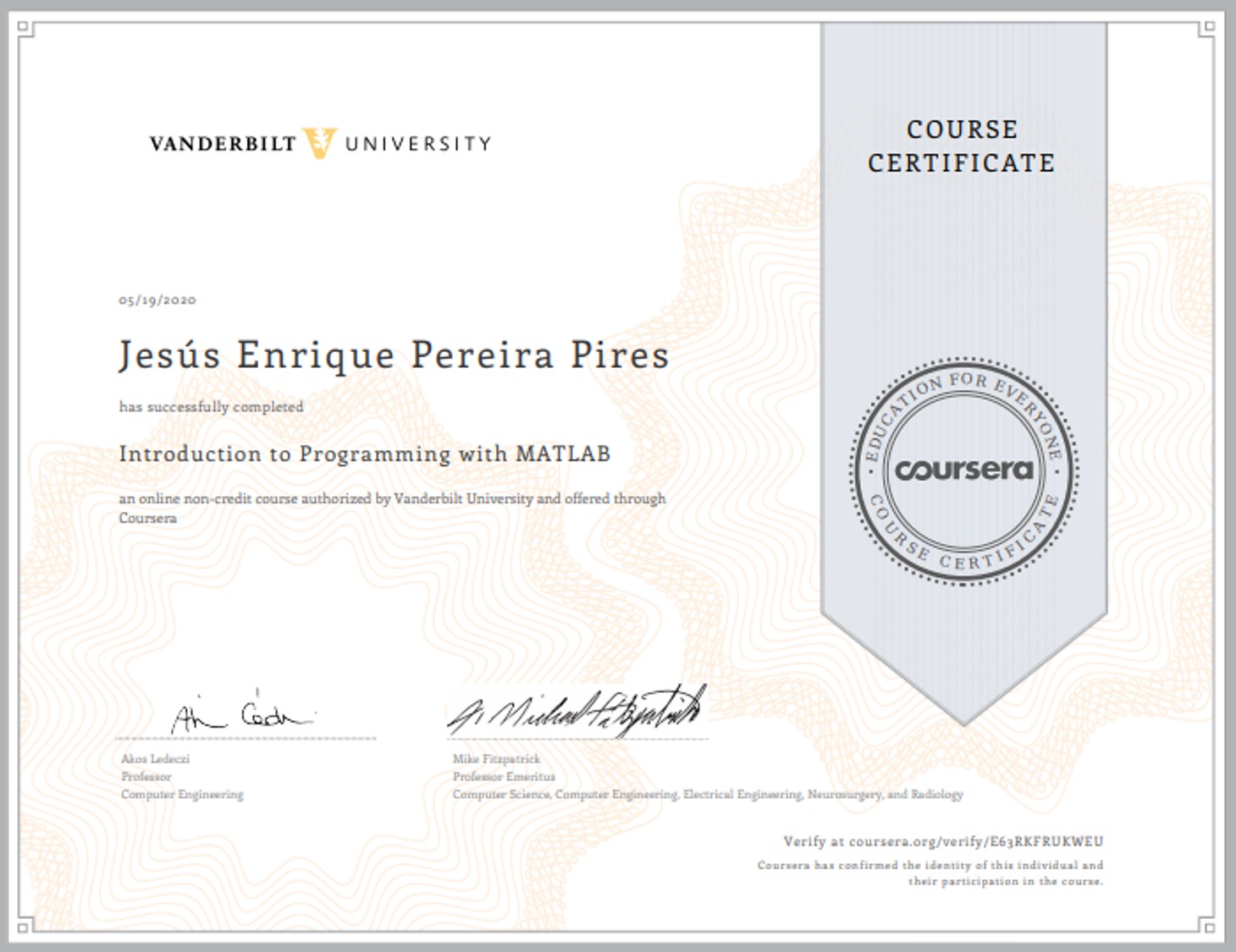 Certificade of the course Introduction to
programming with MATLAB