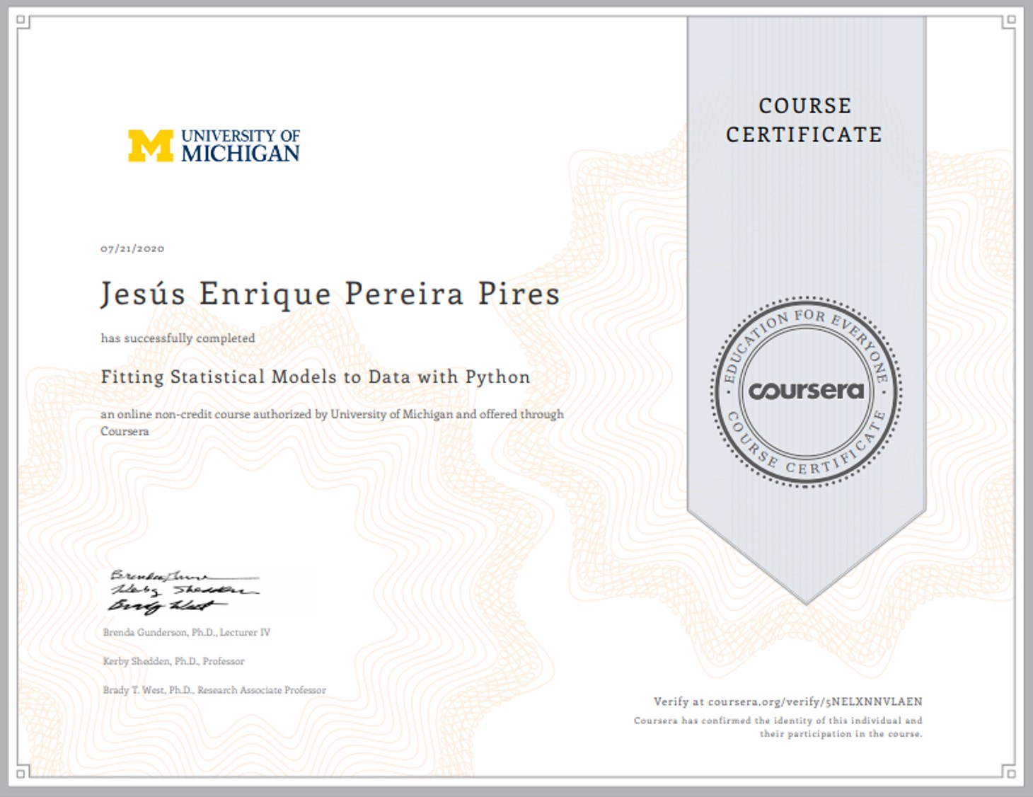 Certificade of the third of three courses in statistics with
python