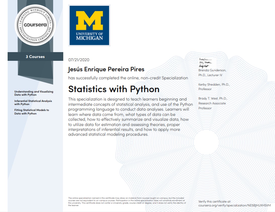 Certificade of completion for the three courses about statistics with
python